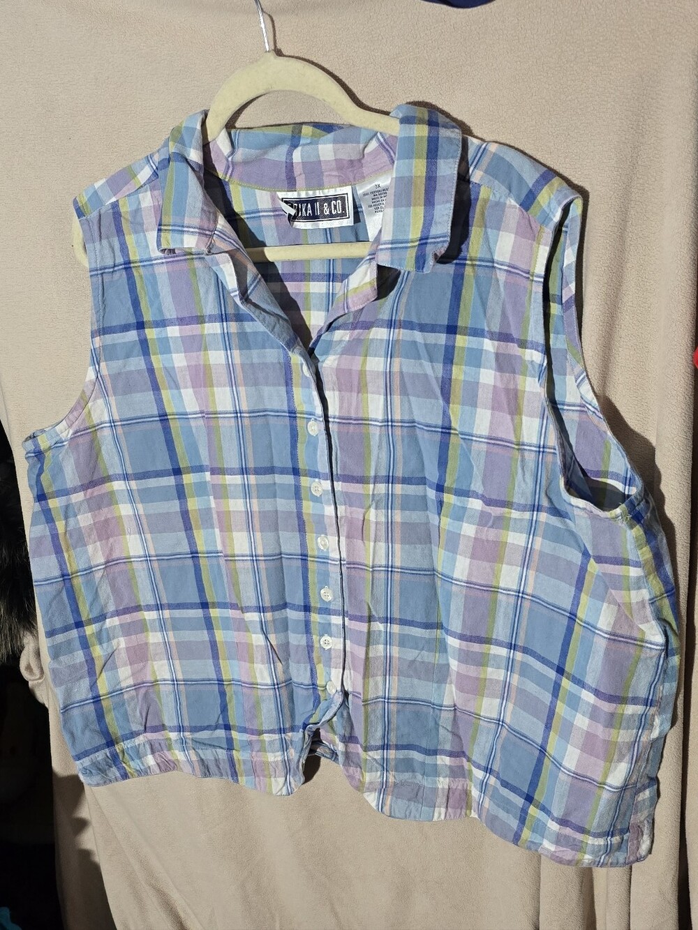 Erika 2 & Co Blue Plaid Sleeveless Button-Up Top